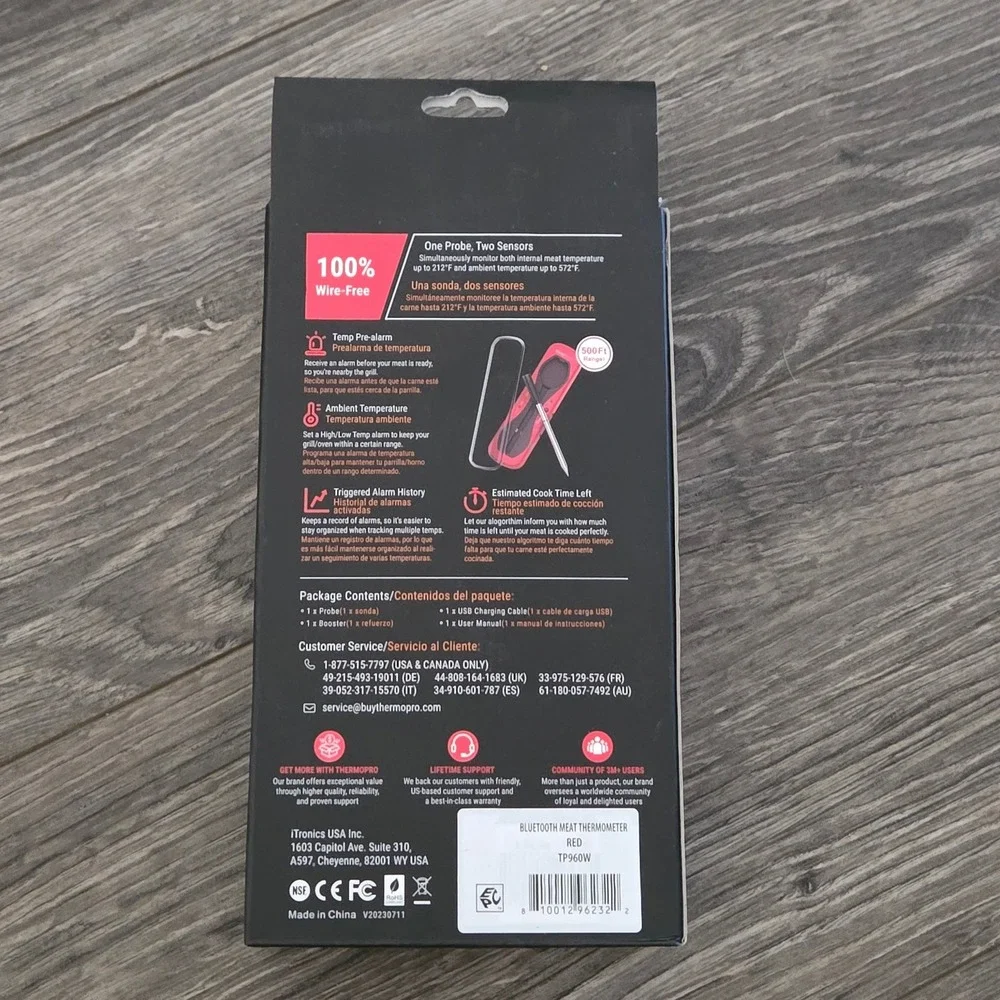 ThermoPro TempSpike Wireless Bluetooth Meat Thermometer TP960W Red NEW